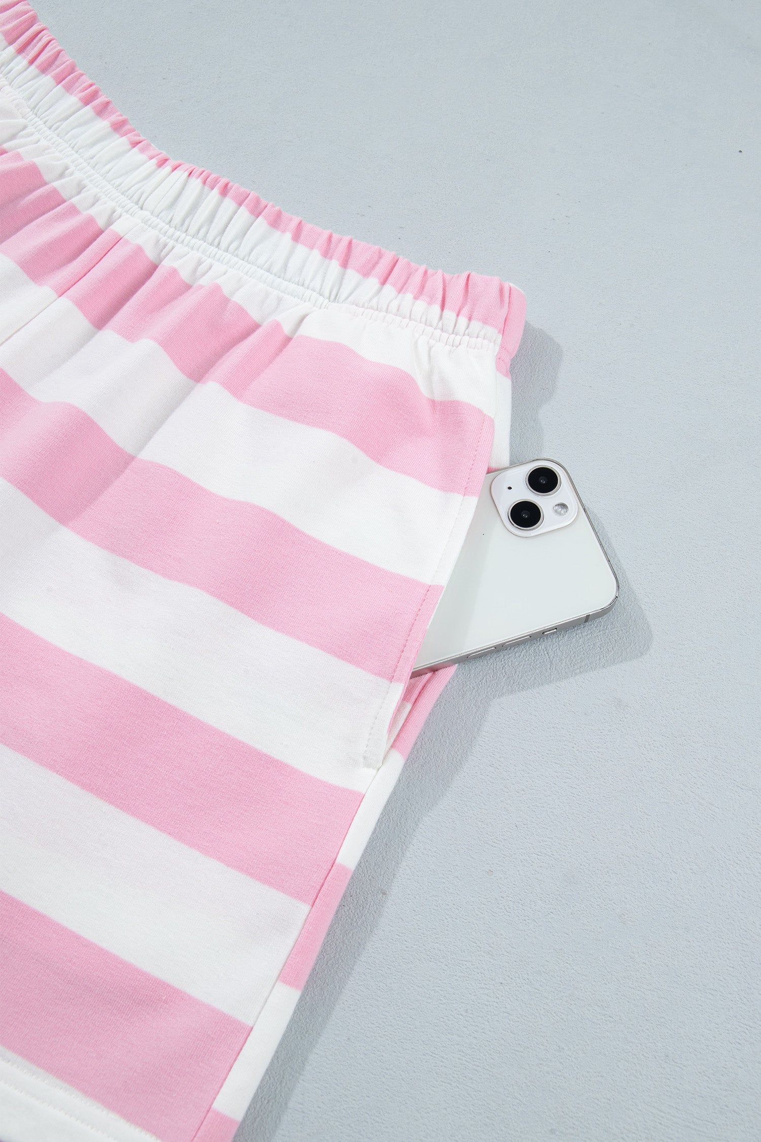 Pink Stripe Patchwork Zipper Pullover Elastic Waist Shorts 2pcs Set