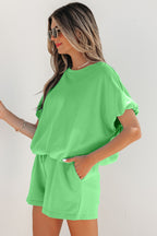 Solid Color Puffy Loose Top Drawstring Shorts 2pc Outfit