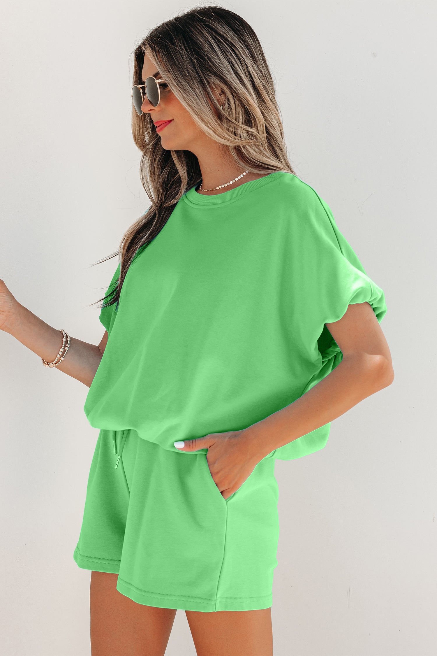 Solid Color Puffy Loose Top Drawstring Shorts 2pc Outfit